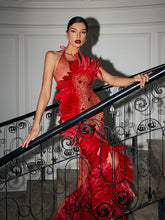 Circe Embellished Mesh Feather Maxi Dress In Red